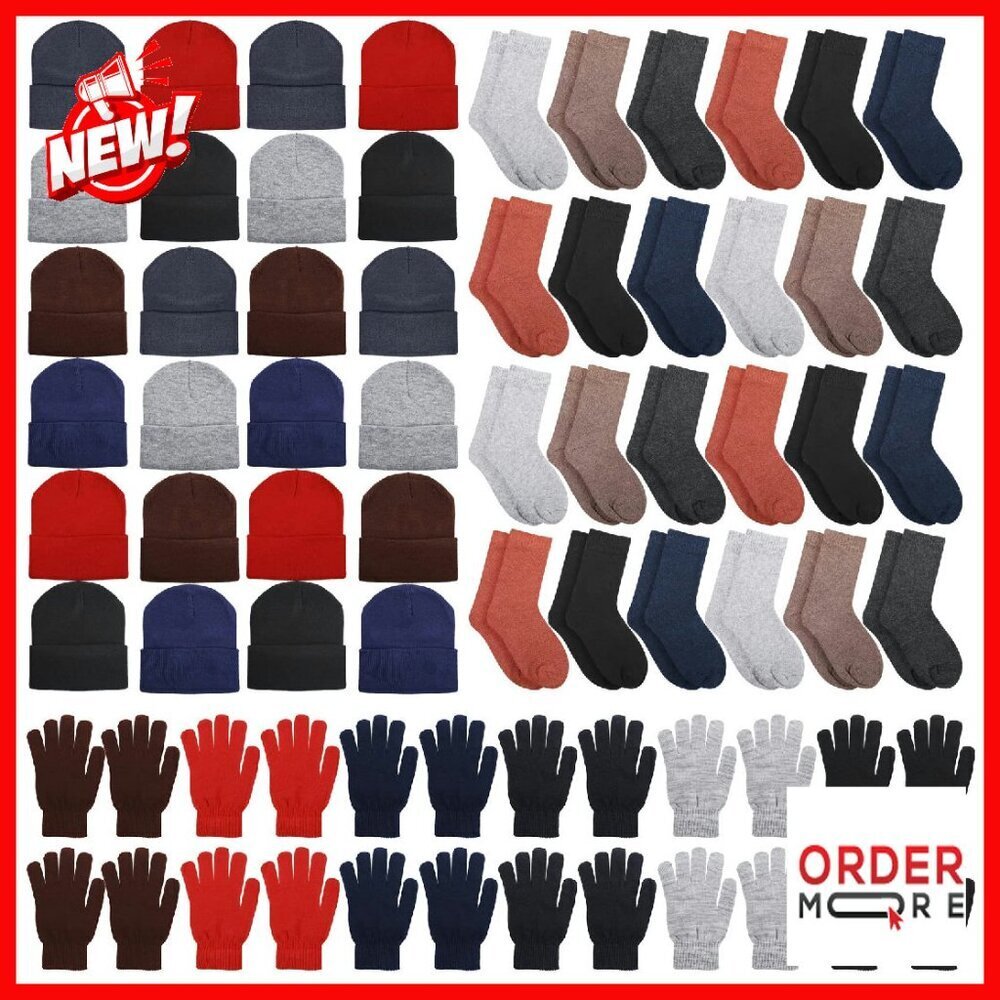 Winter Beanie Gloves Socks Set Bulk Pack Thermal Unisex
